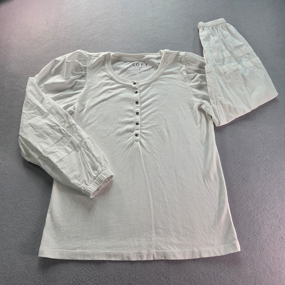 LOFT White Cotton Henley Top Puff Sleeve Mixed Media Ribbed Knit Small